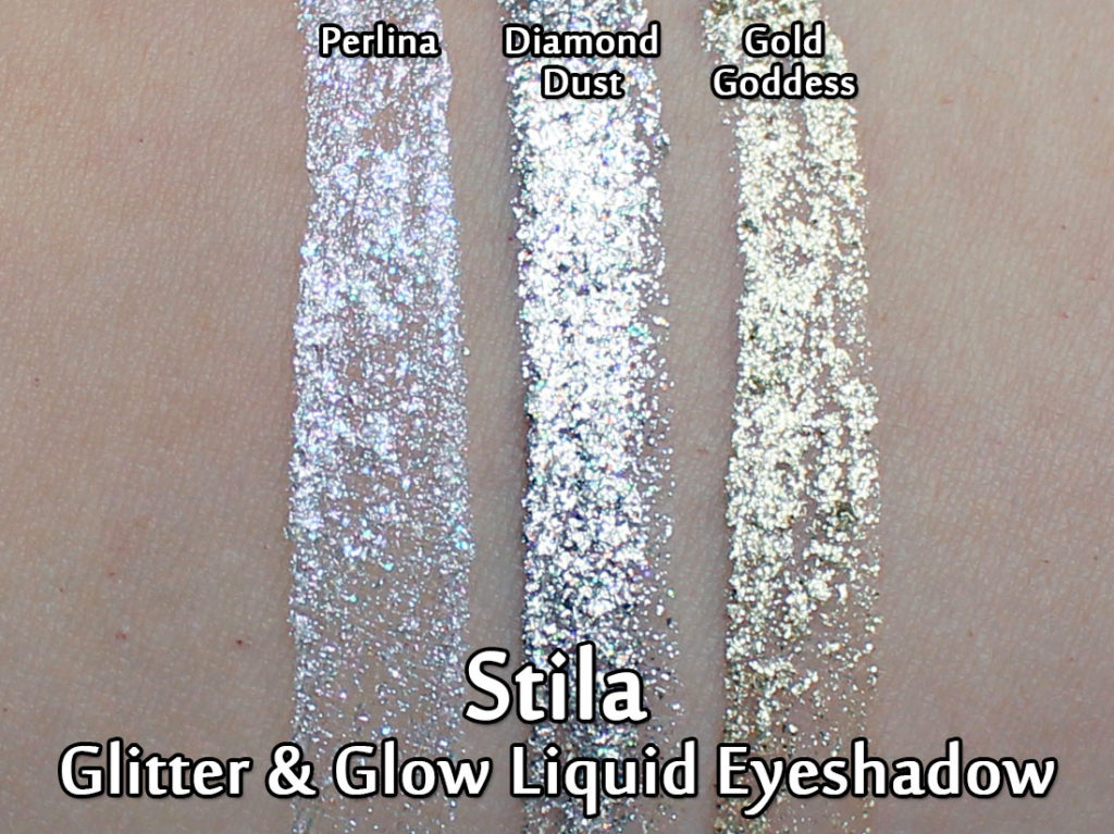 Stila Glitter & Glow Liquid Eyeshadows in Perlina, Diamond Dust and Gold Goddess - swatched