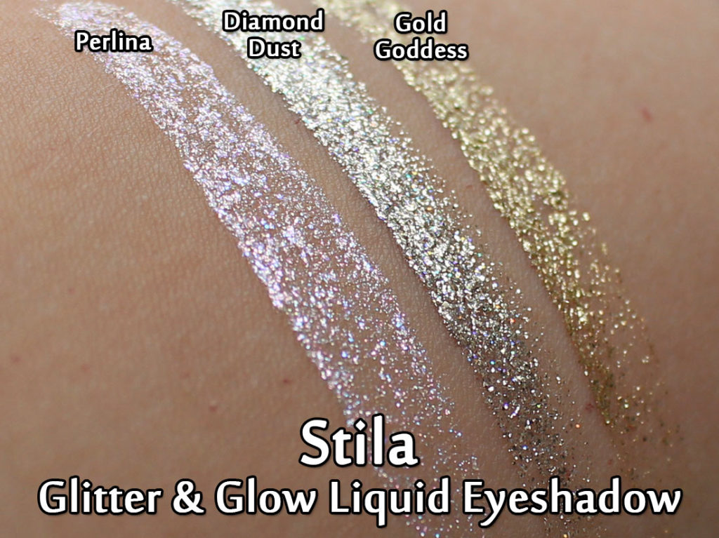Stila Glitter & Glow Liquid Eyeshadows in Perlina, Diamond Dust and Gold Goddess - swatched