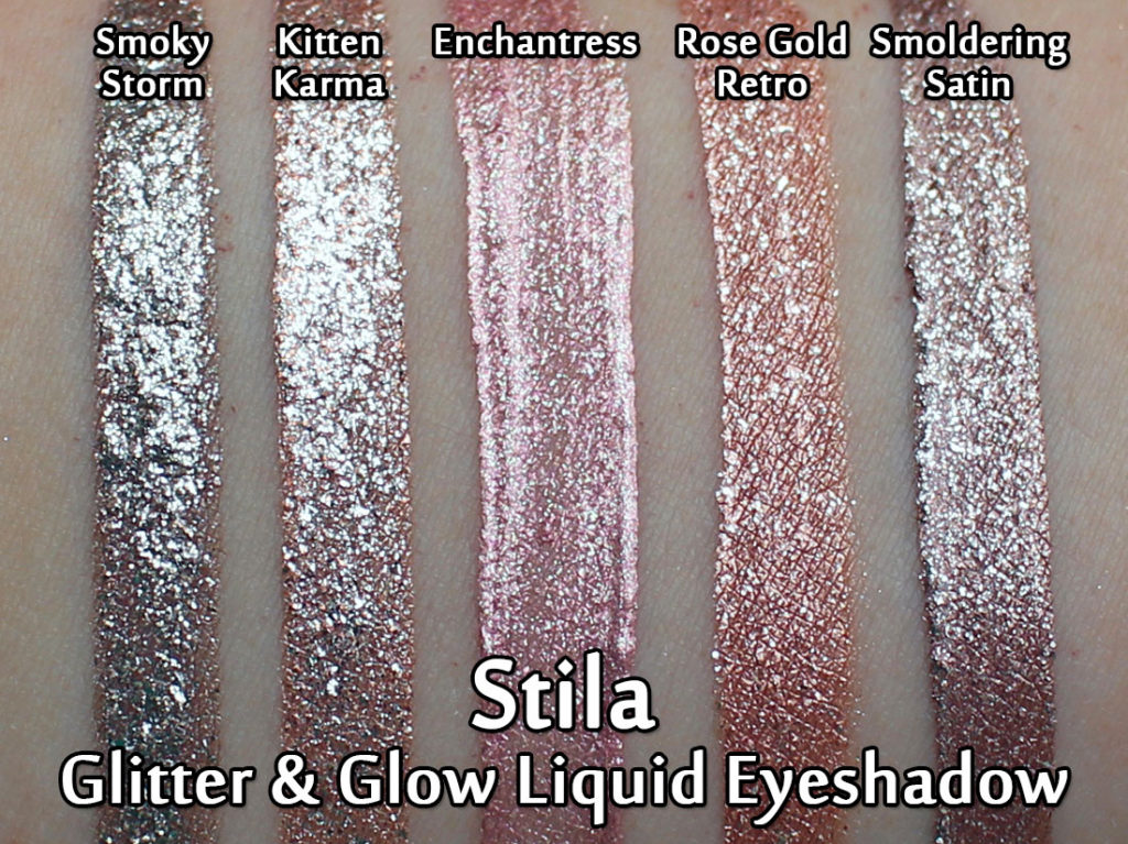 Stila Glitter & Glow Liquid Eyeshadows in Smoky Storm, Kitten Karma, Enchantress, Rose Gold Retro and Smoldering Satin - swatched