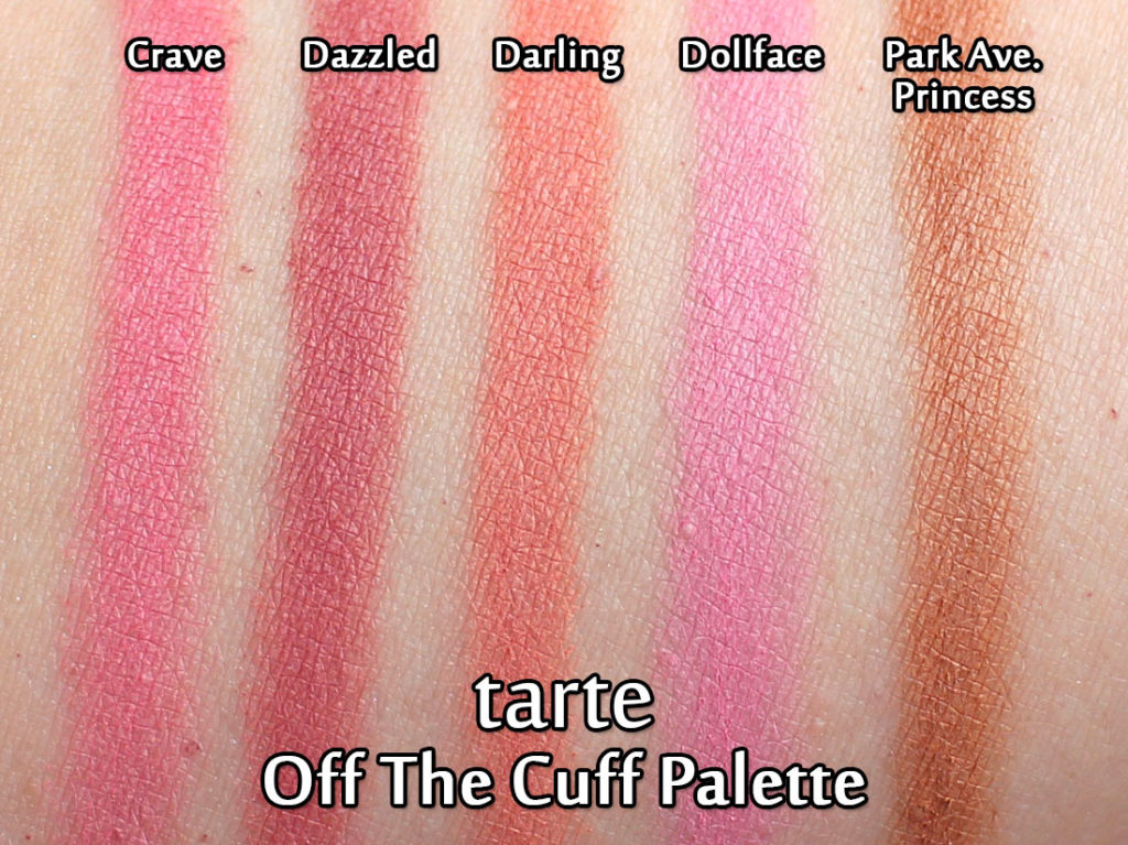 Tarte Off The Cuff Palette swatches - Crave, Dazzled, Darling, Dollface & Park Ave. Princess