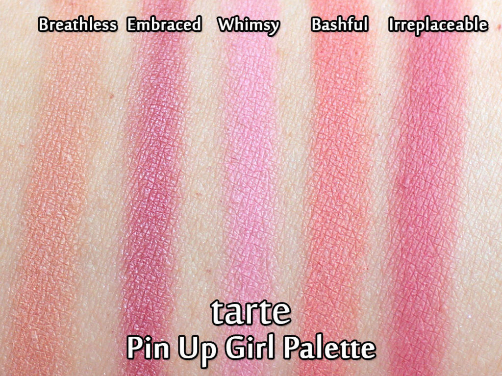 Tarte Pin Up Girl Palette swatches - Breathless, Embraced, Whimsy, Bashful & Irreplaceable