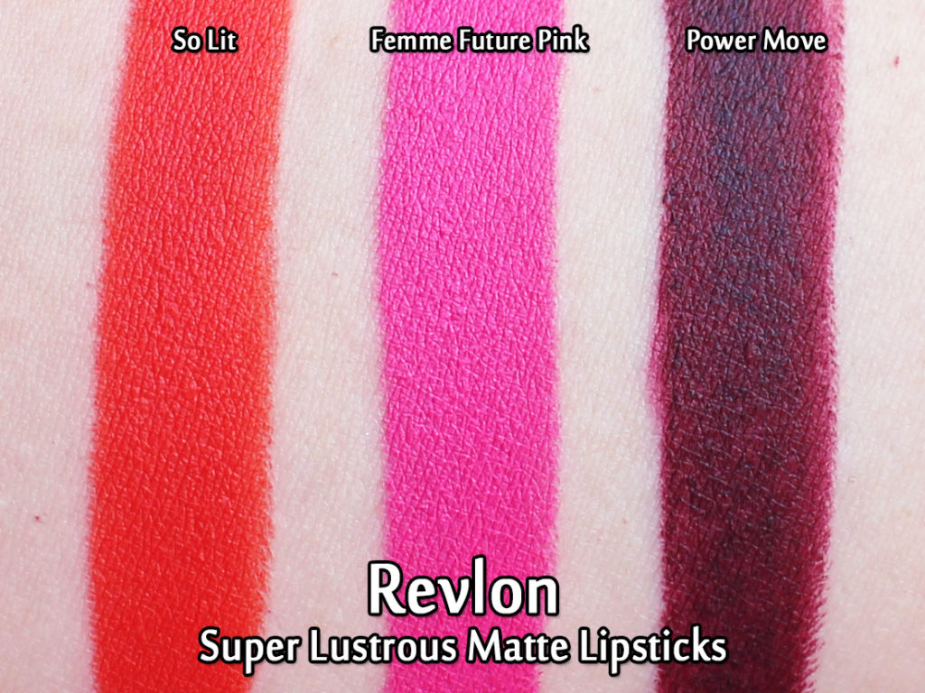 Revlon Super Lustrous Matte Lipsticks in So Lit, Femme Future Pink and Power Move - swatched