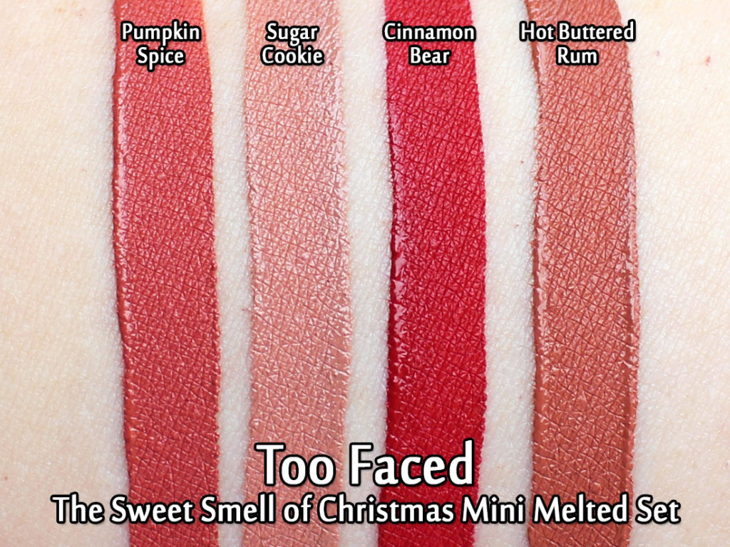 Too Faced - The Sweet Smell of Christmas swatched - Pumpkin Spice, Sugar Cookie, Cinnamon Bear & Hot Buttered Rum