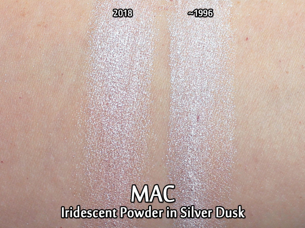 MAC Iridescent Powder in Silver Dusk - 2018 versus 1996 - swatched