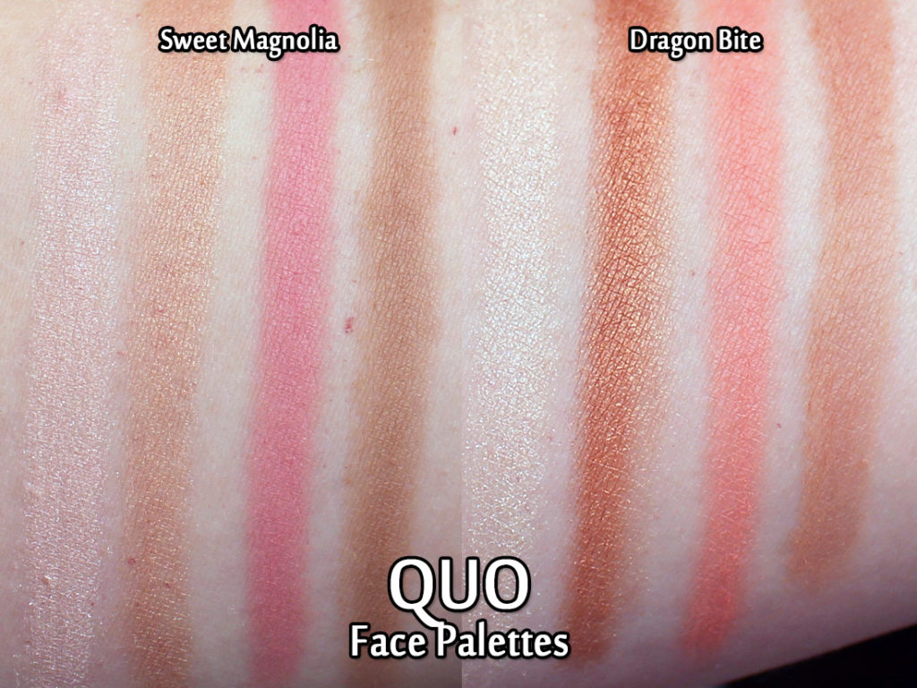 QUO Fall 2018 Collection - Face Palettes in Sweet Magnolia and Dragon Bite - swatched