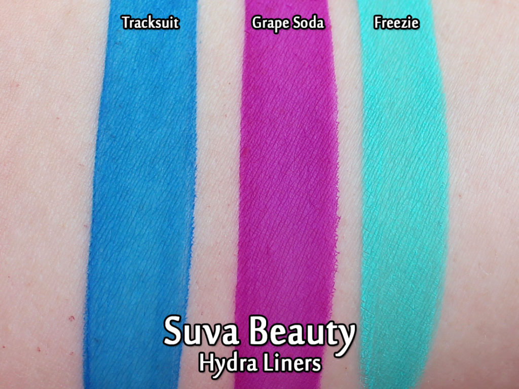 Suva Beauty Hydra & FX Liners in Tracksuit, Grape Soda and Freezie - swatches