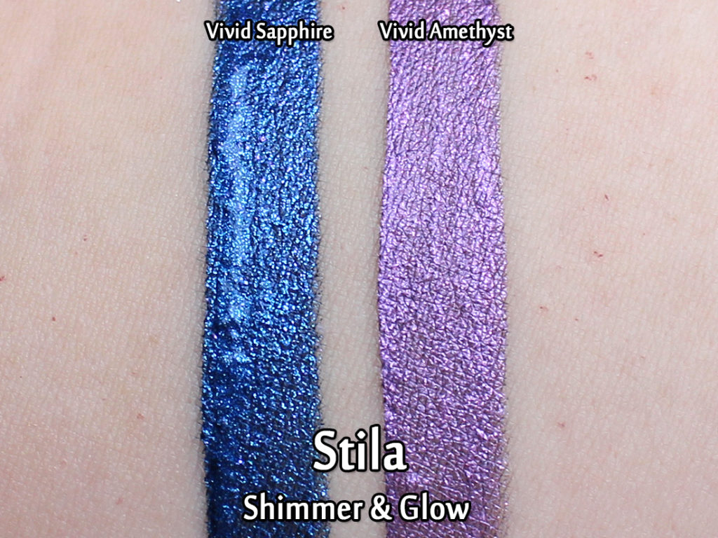 Stila Vivid & Vibrant Collection Shimmer & Glow Liquid Eye Shadows in Vivid Sapphire and Vivid Amethyst - swatched