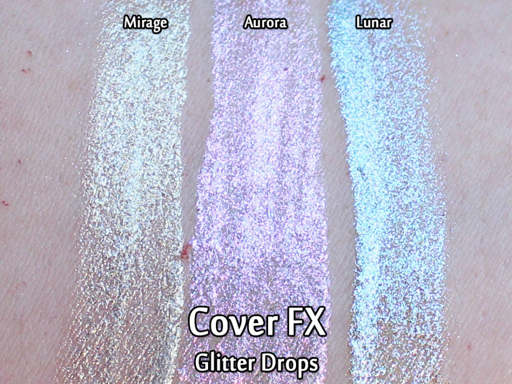 Cover FX Glitter Drops in Mirage, Aurora and Lunar - swatched