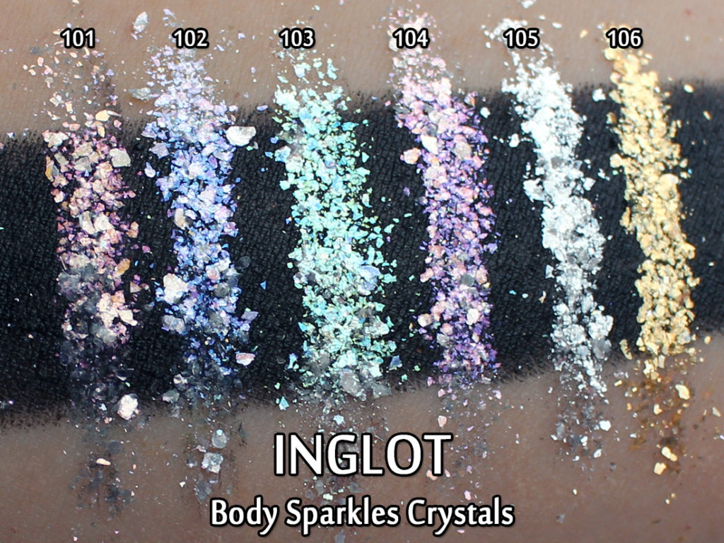 INGLOT Body Sparkles Crystals - swatched layered over a black base