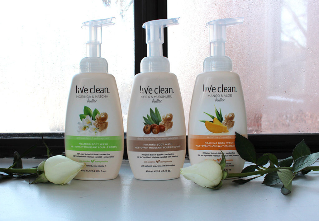 Live Clean Foaming Body Washes in Moringa & Matcha, Shea Butter & Murumuru Butter and Mango & Aloe Butter