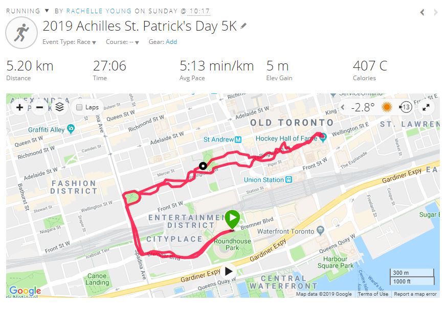 2019 Achilles St. Patrick's Day 5K - course map