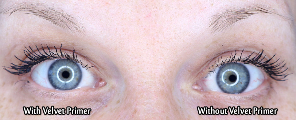 On the left hand side: Velvet Primer applied before Velvet Noir mascara. On the right hand side: just Velvet Noir mascara.
